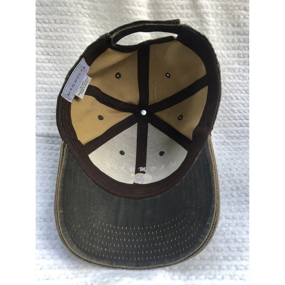 Magnolia Farms Waco, TX Waxed Distressed Embroidered Logo Hat Brown Adjustable